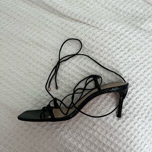 Schulz strappy black high heel leather sandal! Wrap around ties, evening sandal